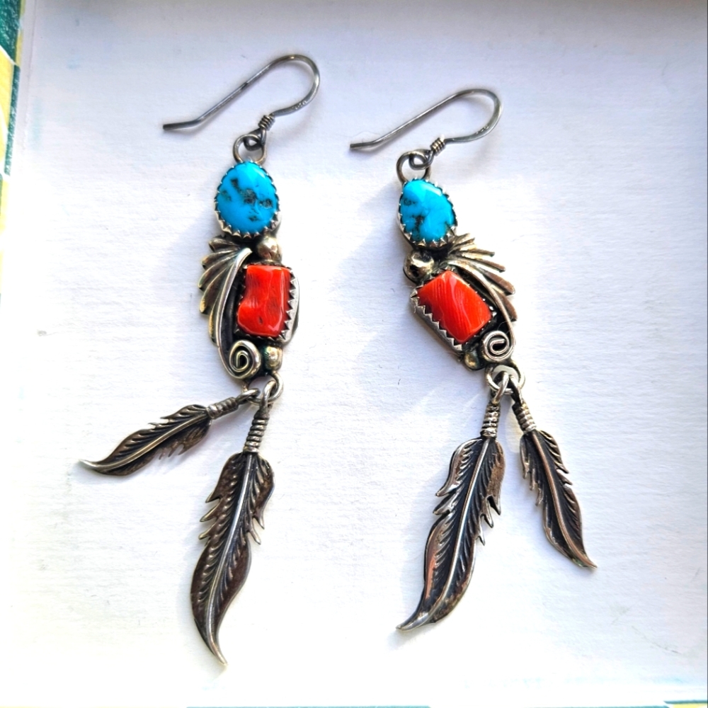 Silver Native American Zuni Feather Earrings with Turquoise and Coral Accents